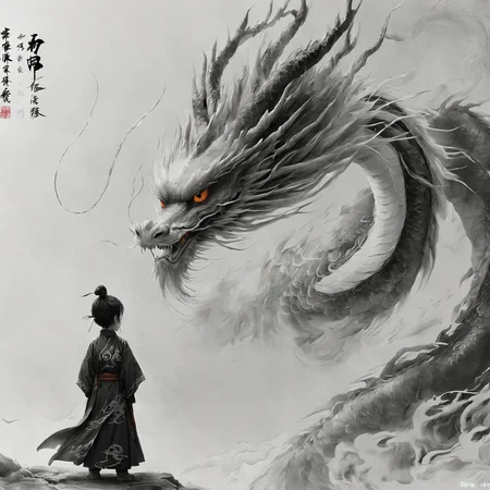 ananmo, dragon, sharp teeth, eastern dragon, 1boy, single hair bun, teeth, standing, monster, solo, horns, male focus, hair bun, monochrome, robe, from behind, size difference, open mouth, claws, spot color