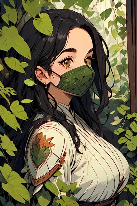 (masterpiece:1.4), high quality, high definition, sharp focus, detailed face, anime, best quality, 4k, 8k, absurd resolution, intricate detail, detailed eyes, animation, illustration, highly detailed, highres, extremely detailed, <lora:ETO_OCC002:0.7> ETO_OCC, black hair, curly hair, longhair, thick eyebrows, long hair, <lora:hyperdenoiser_v090:0.6>, (looking at viewer:1.4), (plump:1.2), (hazel eyes:1.3), lora:perfetfingers:1>, OverallDetail, Illust-InstaFilter, hotify, edgQuality, Earth-QualityPos, BodyPositive, Best_QualityPos, <lora:AppleCheek:0.7> applecheek, 1girl, (full body), large breasts, indoors, (perfect arms), (detailed hands) <lora:sensualface_type4:0.6>, gasping, ecstasy, seductive smile, <lora:leaf-style-shinobi-darquelilly-v1:1> leafstyleshinobi, armour, gloves, shoulder armour, leaf style armor, (a pattern of leaves:1.2), flower ornament, petals, kunoichi, ninja, face mask, (leaf shape shoulder pads:1.6), (shoulder pads), combat stance, knee pads, (leaves shaped armor:1.4)