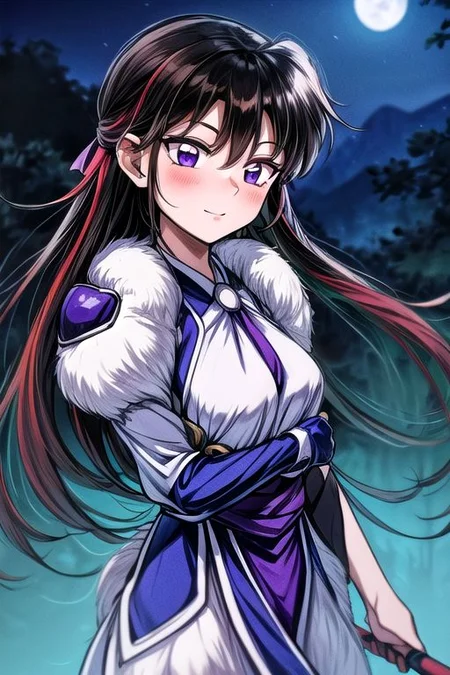 masterpiece, best quality 1girl Setsun4 solo long hair, (night time) forest background black hair very long hair purple eyes multicolored hair armor (fur trim) (medium body),<lora:EMS-179-EMS:0.800000>,<lora:EMS-293862-EMS:0.800000> bow, hair_bow, hair_tubes, red_bow, brown_hair, long_hair, bangs, ascot, frilled_bow, yellow_ascot, blush, smile, hair_between_eyes, athletic, armor, miko