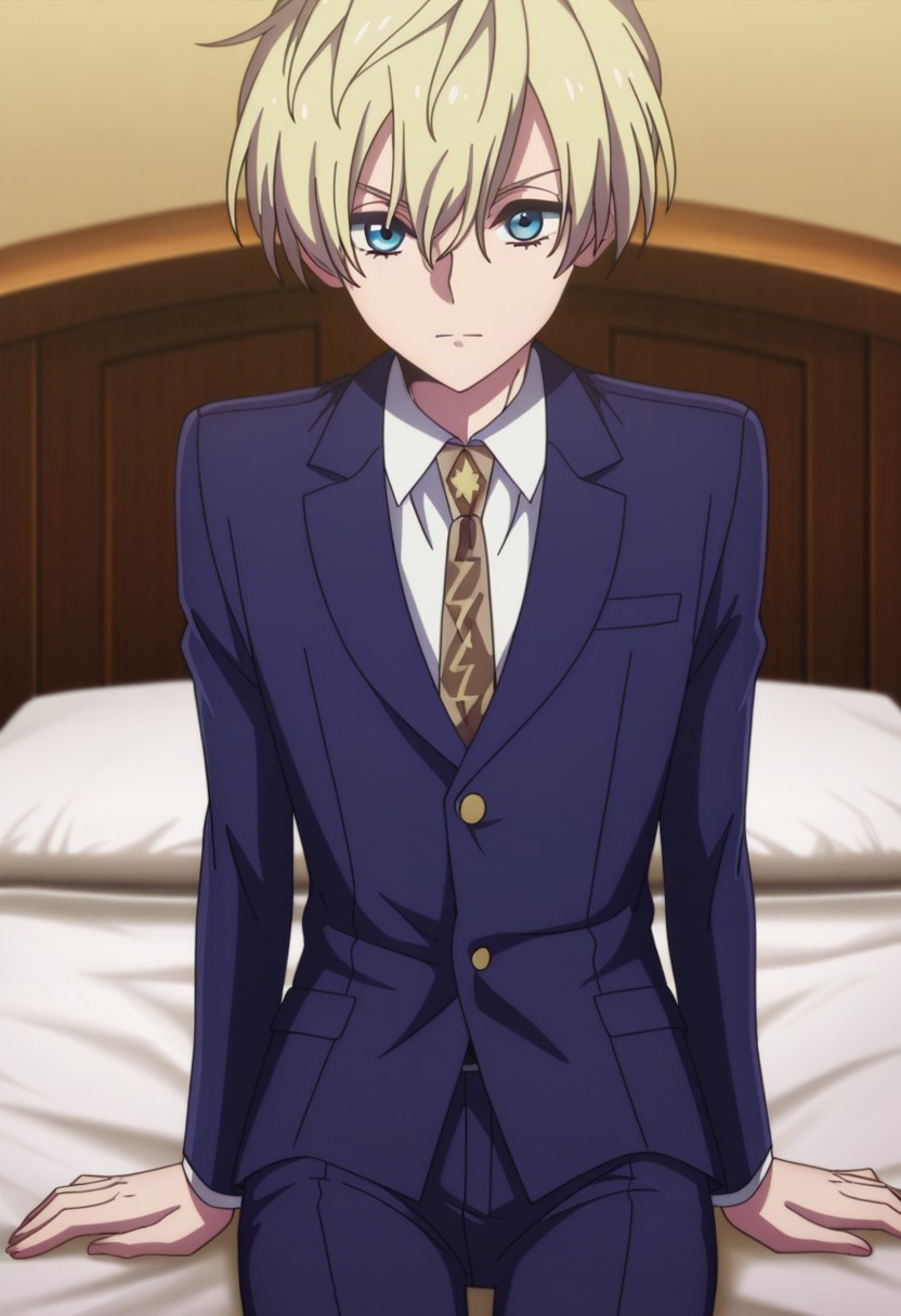 masterpiece, anime screencap, best quality, official style, soft details, smooth hair, cowboy shot, 1boy, solo, male focus, looking at viewer, long sleeve, white collared shirt, blue jacket, closed mouth, sitting down, indoor, on bed, close up, (skinny), cute, round face, blonde hair, blue eyes, bangs, youthful, leo_constantine_pinochle