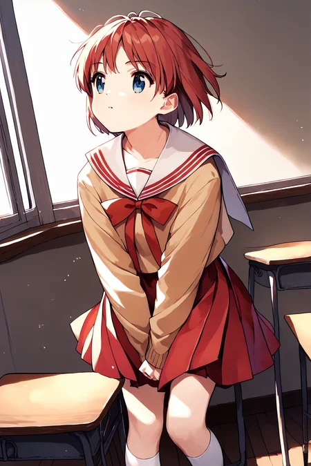 score_9, score_8_up, score_7_up, score_6_up, rating_safe, source_anime, best quality, masterpiece, classroom, leaning over desk, <lora:shiina-mayu-xl-03:1>, shiina mayu, school uniform, red skirt, white socks, (looking up), parted lips, round mouth,
