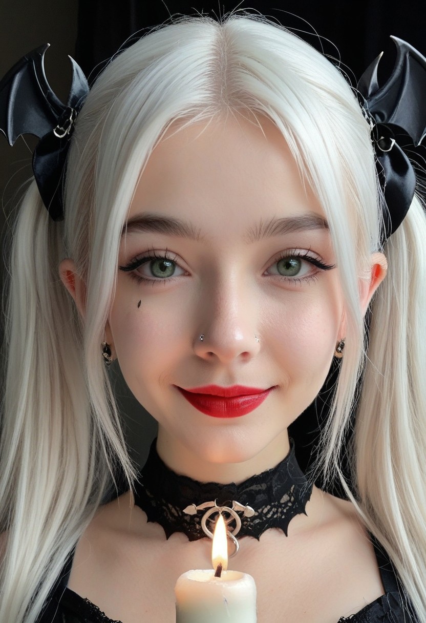 Score_9, score_8_up, score_8, RLSM, Realistic, Realism, Hyper Realistic, 1girl, 25 years old, perfect face, close view, cute, petite, green eyes, goth, white hair, long hair, twintails, parted bangs, pointy ears, red earrings, jewelry, bat hair ornament, black choker, bat bra, halloween, candles, blush, shy smile, portrait, face focus, detailed face