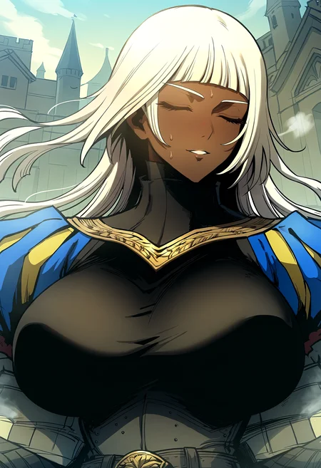 score_9, score_8_up, score_7_up, score_6_up, source_anime, rating_explicit, <lora:neg4all_bdsqlsz_V3.5:2.0>1girl, solo, huge breasts, <lora:Opheliaponyxl:1> long hair, white hair, blunt bangs, blue eyes, dark skin, dark-skinned female, gloves, puffy sleeves, belt, breastplate, armor, dress, frills, bodysuit, smile, embarrass, parted lips, Narrow shoulders, heavy breathing, sweat, steaming body, castle, outdoor, looking at viewer, (pov:1.2), (close-up:1.2), (closed eyes:1.2), kiss, spread arms, (hug:1.1)