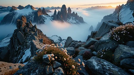 A cinematic wide shot photography of the view On the narrow summit of a craggy peak overlooking a mist-filled valley where granite spires rise and Alpine asters cluster among the rocks. At winter dawn, rosy light strikes frost-covered outcrops, a bone-chilling stillness hangs in the air, and each breath mists as the valley vanishes under swirling snow. ,, masterpiece, best quality, amazing quality, very aesthetic, high resolution, ultra-detailed, absurdres, scenery, film grain, HDR, 8K, high contrast, realistic, cosplay, muted lithing, sharp focus, (chromatic aberration), fine details,
