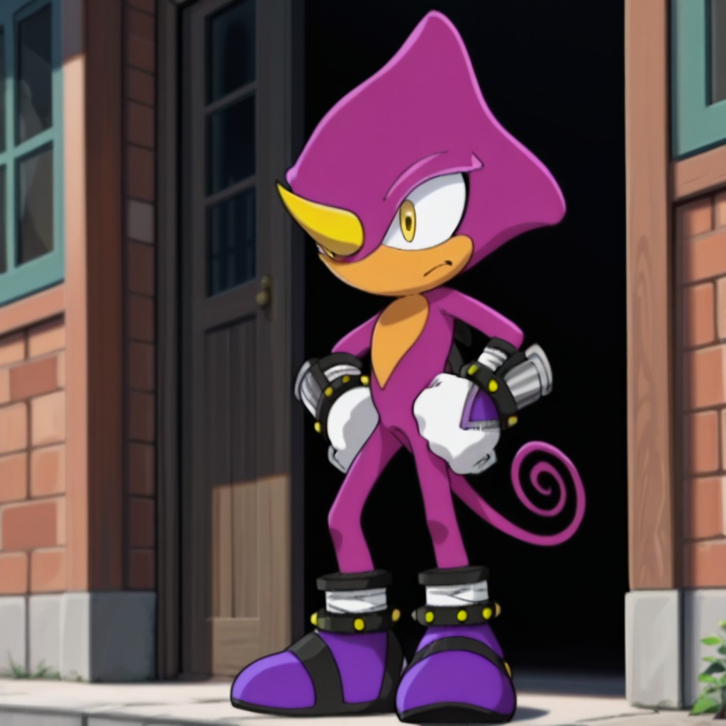 masterpiece, best quality, amazing quality, EspioSxil, anthro, male, chameleon, purple skin, yellow eyes, yellow horn, dark purple shoes with black accents, arm bracers, black anklets, white gloves, black anklets, standing, outside, hand on hips, <lora:70dc6cb1-f8c0-4bd7-9b80-402fd22f574a:1.0>