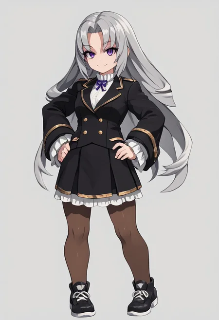 score_4,score_5,score_6,score_7_up,score_8_up,score_9
((masterpiece,best quality,ultra detailed,highres,HD,4k:1.2)),
1girl,solo,grey hair,long hair,Forehead,parted bangs,purple eyes,Strong-willed, strong-willed woman, sharp eyes, slanted eyes,
Black jacket,long sleeves,white shirt,black skirt,pantyhose,brown pantyhose,black shoes,
hand on hip,standing,
smile,