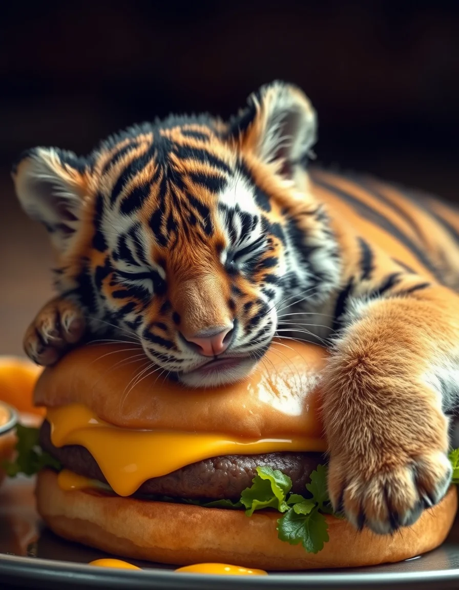 a tiger cub sleeping on a cheeseburger
