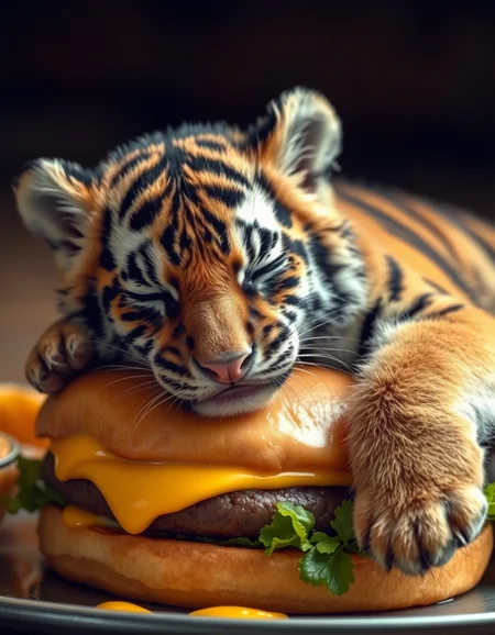 a tiger cub sleeping on a cheeseburger