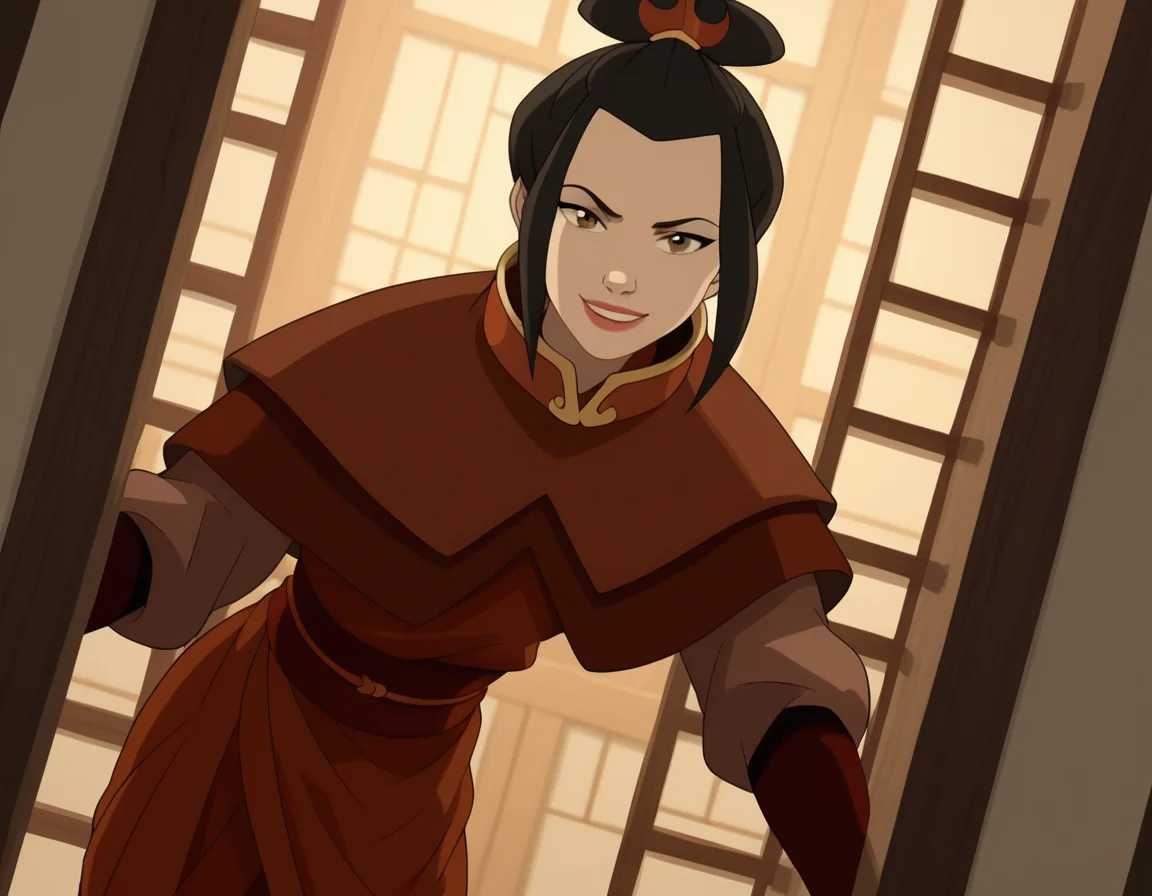 score_9, score_8_up, score_7_up, source_anime, <lora:azula-book2-ponyxl-lora-nochekaiser:1>, azula, black hair, brown eyes, topknot, sidelocks, hair bun, single hair bun, chinese clothes, capelet, sash, long sleeves, elbow gloves, , indoors, bent over, smile, looking at viewer, solo, cowboy shot, dutch angle