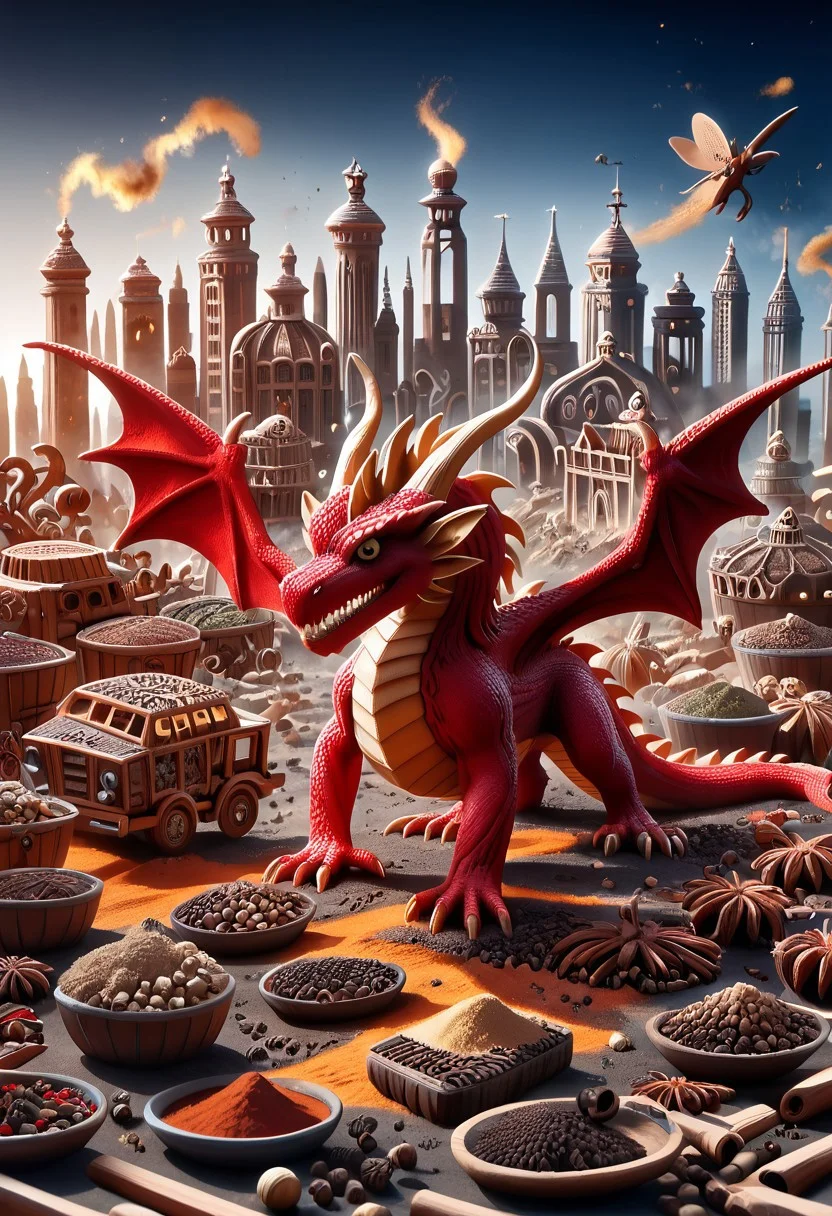 Masterpiece, Best quality, amazing quality, Super detailed, 8K, Huge file size, general, newest, creative, sharp edges, detailed textures, atmospheric lighting, amazing visuals, Herbs_Morf, a big dragon made out of spices and herbs, destroying a city