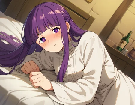 score_9, score_8_up, score_7_up, source_anime,
fern, <lora:fern-s1-ponyxl-lora-nochekaiser:1>,
fern, long hair, bangs, purple eyes, purple hair, sidelocks, blunt bangs, bright pupils, half updo,
long sleeves, dress, white dress, long dress,
indoors, bed, bed room, on side, blush, drunk,
looking at viewer, cowboy shot, dutch angle,