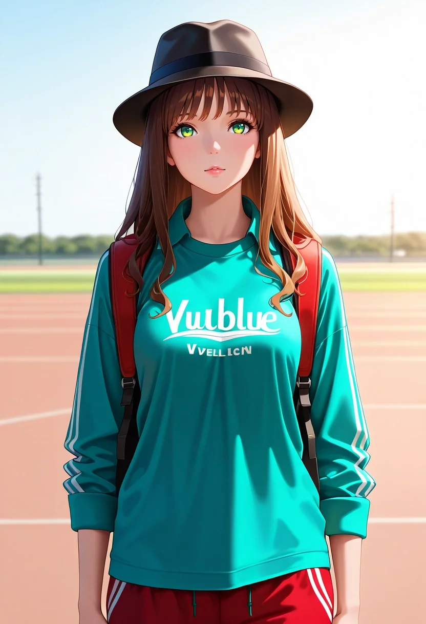masterpiece, best quality, , (photorealistic:0.6), , 1girl, solo, <lora:yume_minami_ilxl:0.96>, yume_minami, brown hair, green eyes, long hair, bangs, , Velvet Track pants with side stripes, SkyBlue Cargo shirt, , Fedora, Military Backpack