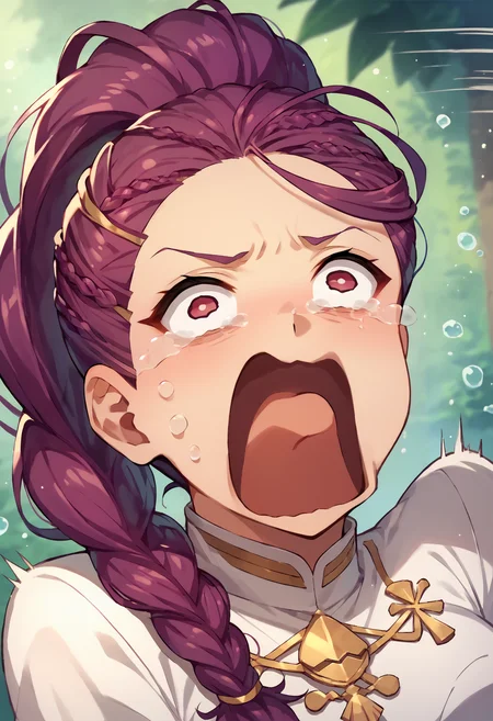 score_9, score_8_up, score_7_up, <lora:Petra-fe3h-pdxl:0.9>, petra-gmu, braided ponytail, gold trim, hair pulled back, high ponytail, long hair, white shirt, aquascreaming, screaming, open mouth, crying with eyes open <lora:concept_aquascreaming_ponyXL:1>, upper body, purple eyes