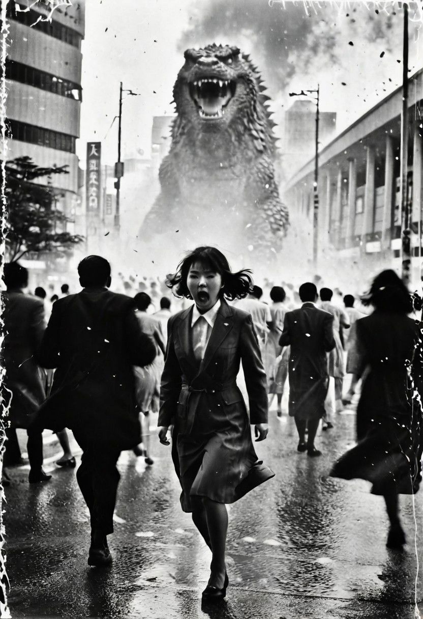 B&W 35mm vintage photo of Shibuya crossing, people run in panic, face expressions visible, godzilla attack, panic everywhere, panic in every face, everyone running in panic, running for their lives