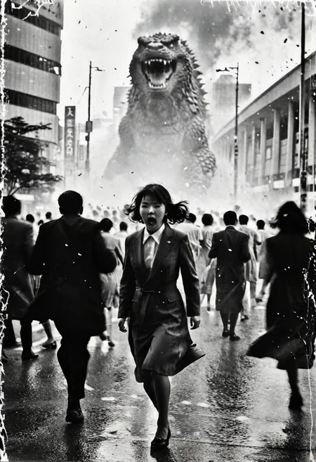 B&W 35mm vintage photo of Shibuya crossing, people run in panic, face expressions visible, godzilla attack, panic everywhere, panic in every face, everyone running in panic, running for their lives
