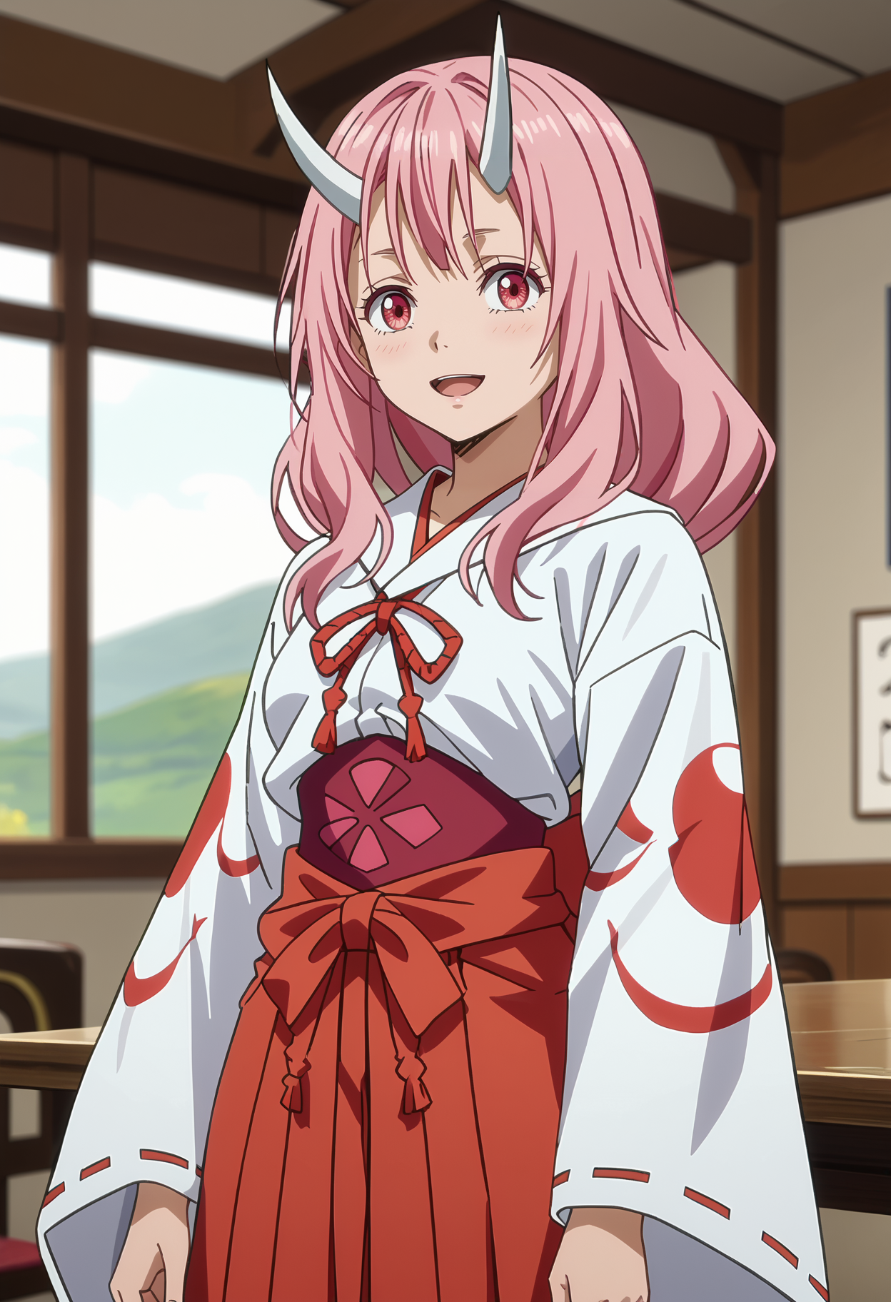 score_7_up, anime screencap,
<lora:TenSura_ShunaXL:0.9>,
1girl, solo, open mouth, light smile,
long hair, pink hair, pink eyes, white horns,
ShunaDress, miko, white kimono, red ribbon, underbust, red hakama, ribbon-trimmed sleeves,
looking at viewer, cowboy shot,
blurry background, indoors
