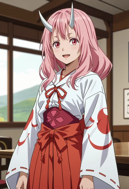 score_7_up, anime screencap,
<lora:TenSura_ShunaXL:0.9>,
1girl, solo, open mouth, light smile,
long hair, pink hair, pink eyes, white horns,
ShunaDress, miko, white kimono, red ribbon, underbust, red hakama, ribbon-trimmed sleeves,
looking at viewer, cowboy shot,
blurry background, indoors
