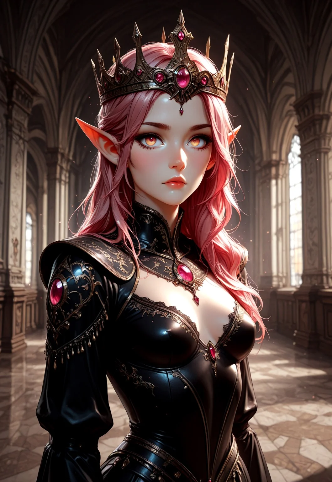 masterpiece, best quality, amazing quality, very aesthetic, female, solo, (depth of field), medieval setting, indoors, day time, palace,
elf, pink hair, cute face, slender, small breasts,( long hair swept to one side:1.2), beautiful, kawaii, short pointy ears, hazel eyes, royal garments, dark clothing, jewelry, gunmetal crown, dark crystal
walking, looking at viewer, palace floor, palace walls,
Expressiveh, eyesHD, high gradient eyes, detailed eyes, high definition eyes, incoth, (incase:0.6), xbv2-illu