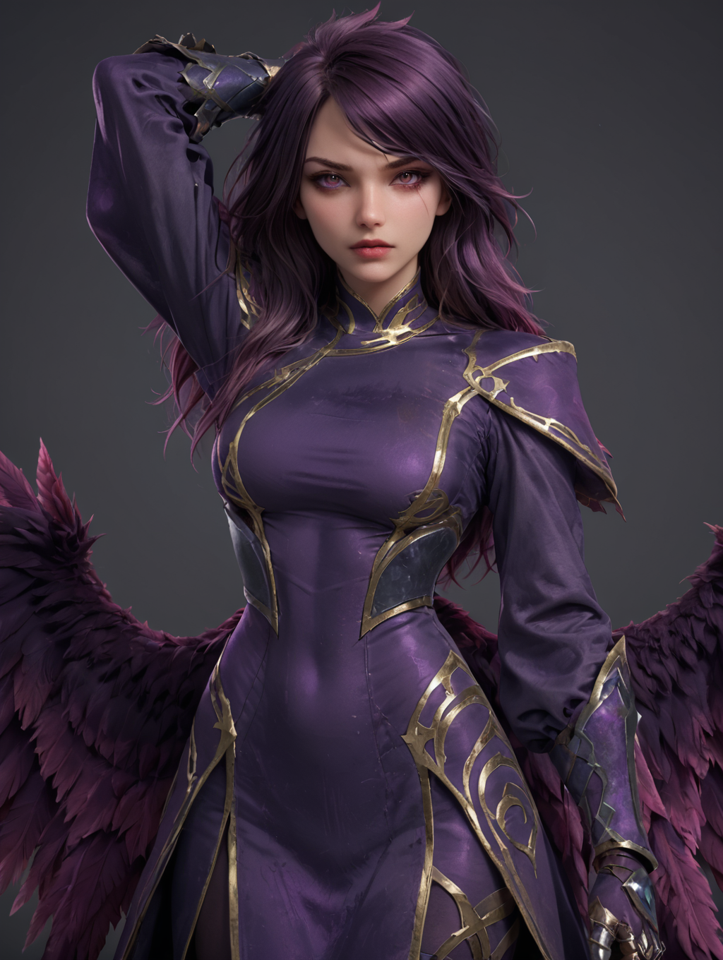 1girl, morgana (league of legends), morgana, (official cinematic), (league of legends), messy purple hair, purple armored dress, <lora:MorganaPonyV1:0.6>
looking at viewer, arm behind head, arm up,
