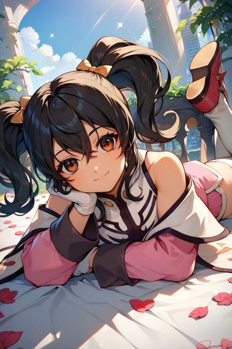 score_9, score_8_up, score_7_up, very aesthetic, source_anime, detailed, high quality, beautiful, masterpiece, detailed eyes,
<lora:lightXL:0.8>
indoor, cityscape,
<lora:action-sdxl-V0.5:1>zdyna_pose
upperbody, cowboy shot,  
lying on stomach, legs up, looking at viewer, light smile, light beams,
<lora:anise_autismConfetti_v05:0.99>flat chest, 
anise tatlin, 1girl, black hair, brown eyes, twintails, pink dress, white gloves, thighhighs, bare shoulders, shoes, hair bow, long sleeves, sidelocks, hair between eyes, capelet,, zPDXL