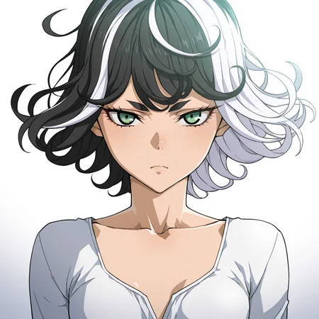 masterpiece, best quality, very aesthetic, absurdres, detailed, detailing, break, ice-place-don style, 1girl, black hair,white hair,multicolored hair,breasts, small breasts, green eyes, short hair, curly hair, solo