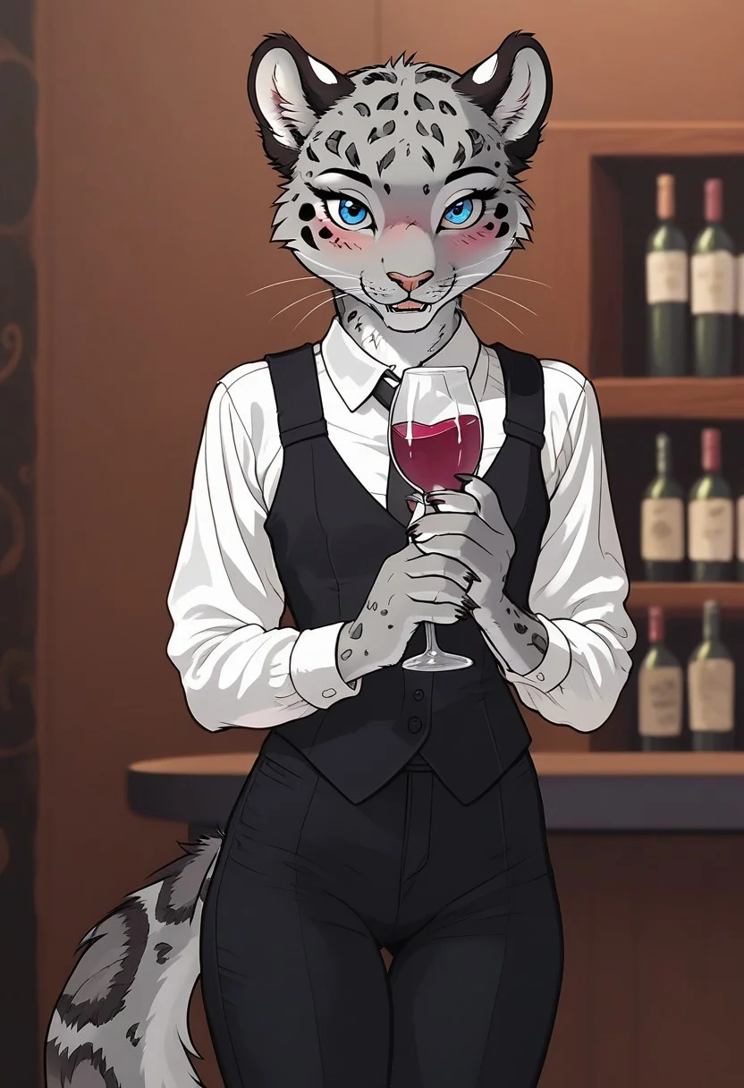 score_9, score_8_up, score_7_up, Furry female, Snow Leopard girl, Cute, Sexy, Petite, kawaii, photorealistic, photorealism, feral , 1girl, solo female, furry female, , furry snow_leopard, anthro snow_leopard, blue eyes, , whiskers, gray fur , snow_leopard fur, , fluffy tail, snow_leopard tail, black trousers, white shirt, tie, black vest, female holding a glass of wine, glass of wine , Beautiful Eyes, young anthro, flat chest, petite , short, Fluffy fur, fuzzy fur, Soft Fur, , looking at viewer, blush, nose blush, full-face blush, <lora:BlueFox Mix V6.5 VENISON 2>, feral, Screencap, legs, paws, seductive smile, at the bar, Score_9, score_8_up, score_7_up, score_6_up, source_anime