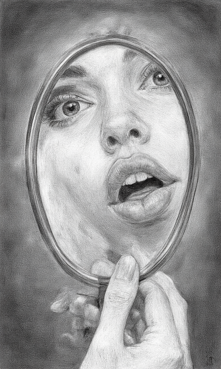 monochromatic pencil drawing featuring a close-up of a person's face reflected in an oval-shaped mirror. The subject's face is partially obscured by the mirror, with only the right eye, nose, and part of the mouth visible. The eye is wide open, and the subject has long, dark eyelashes. The nose is prominent, with a small beauty mark on the left cheek. The person's lips are full and slightly parted, with a visible tongue. The subject's hand, with a manicured nail, is delicately holding the mirror up to the face, emphasizing the intimate and introspective nature of the image. The background is a gradient of dark shades, providing a stark contrast to the detailed and textured reflection of the face. The drawing style is highly expressive, with a focus on shading and texture to create a sense of depth and realism. The overall mood is introspective and contemplative, with the mirror acting as a metaphor for self-reflection and introspection. The artist's signature, "C. D. B," is visible in the bottom right corner of the image., aidmaimageupgrader, aidmamj6.1,