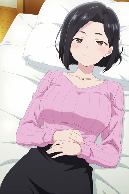 anime coloring, anime screencap, masterpiece, best quality, amazing quality,
 <lora:Sanae_Yamada_The_Dangers_in_My_Heart_-_Illustrious_V2:1>
anime screencap, anime coloring, detailed face,
girl on a bed,
1girl, solo, black hair, brown eyes, short hair, bob cut, collarbone, large breasts , sweater, jewelry, skirt, necklace, ribbed sweater, stud earrings, smile, girl lying on back, looking at viewer, smile, cowboy shot