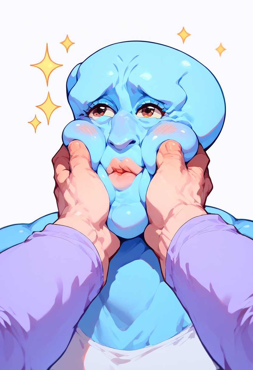 score_9, score_8_up, score_7_up, 1girl, cheek squash, hands on another's face, hands on another's cheeks, solo focus, pov hands, puffy cheeks, blush, happy,  handsomize, blue skin, colored skin, muscular, bald, sparkle