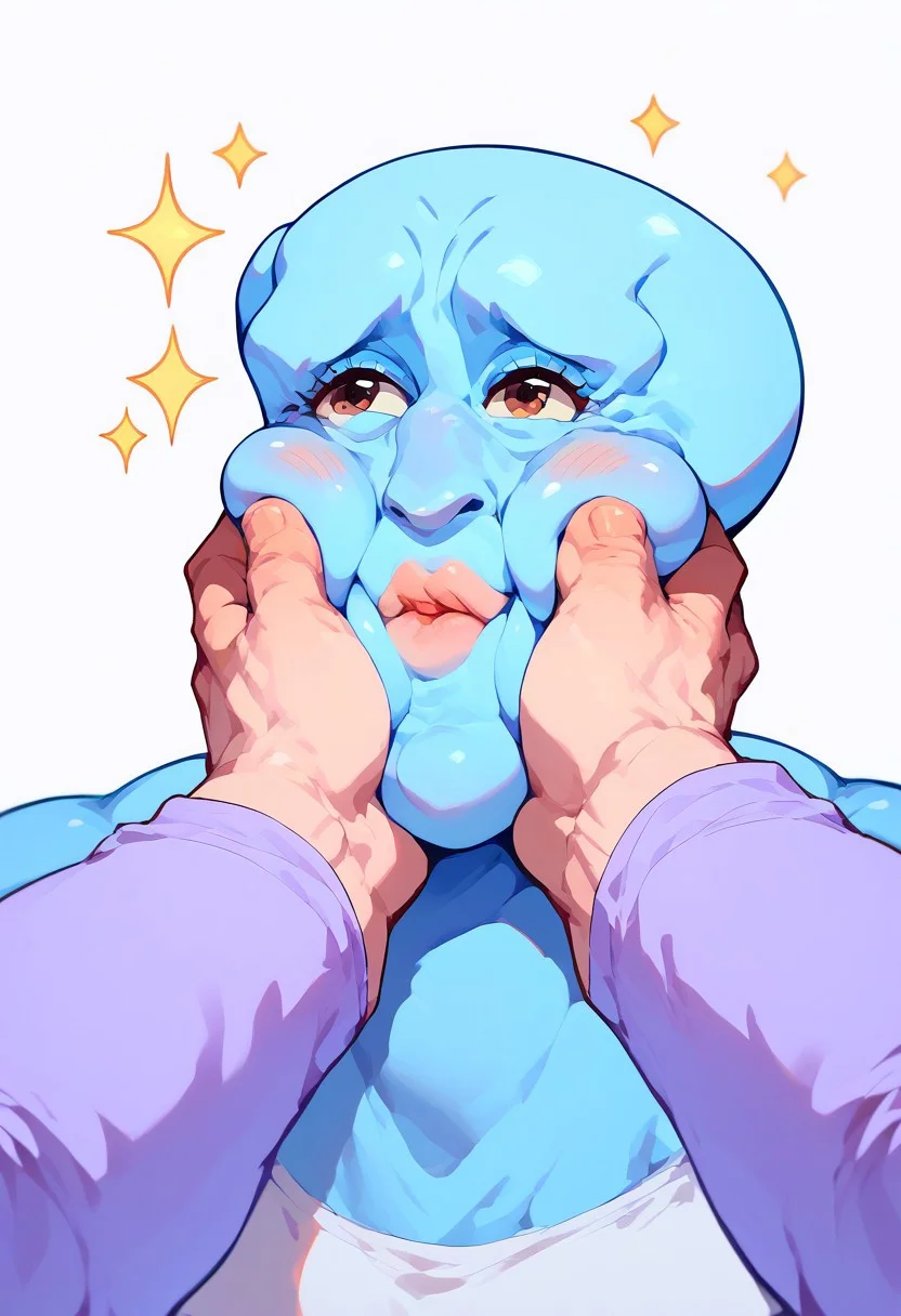 score_9, score_8_up, score_7_up, 1girl, cheek squash, hands on another's face, hands on another's cheeks, solo focus, pov hands, puffy cheeks, blush, happy, handsomize, blue skin, colored skin, muscular, bald, sparkle