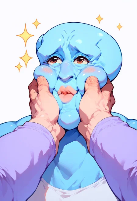 score_9, score_8_up, score_7_up, 1girl, cheek squash, hands on another's face, hands on another's cheeks, solo focus, pov hands, puffy cheeks, blush, happy, handsomize, blue skin, colored skin, muscular, bald, sparkle