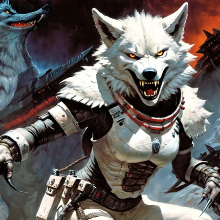 back-view, rotate her back to us, Photorealistic art of a wolf girl dancing, dressed in adventuring gear with a white wolf in the background, wisosdxl, wolf, snarl, snarling, intense gaze, tongue out, black, white, basilwolverton style, grotesque, spaghetti hair, bulging eyes, skin folds, veins, large teeth, bloodshot eyes, mad-stpk-ggls, mad-stpk-flcp, mad-stpk-ht, mad-mecharm, John Berkey Style page, KIRIGAMI page, linquivera, liiv1, g1g3r