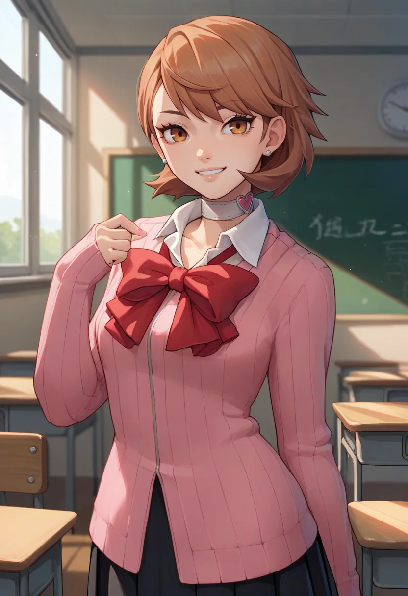 score_9, score_8_up, score_7_up, source_anime, solo, 1girl, yukaridef, smile, looking at viewer, standing, gekkoukan high school uniform, pink cardigan, red bow, long sleeves, black skirt, earrings, white choker, indoors, classroom <lora:persona3_takeba_ponyXL:1>