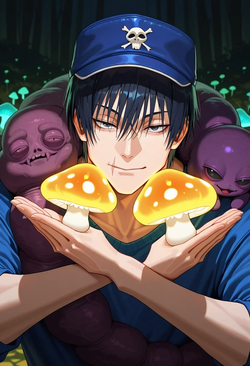 masterpiece, best quality, , , looking at viewer, 1boy, solo, male focus, <lora:touji_fushiguro_ilxl:1>, touji_fushiguro, black hair, black eyes, short hair, hair between eyes, bangs, monster, cursed spirit, scar on mouth, fairy glen, glittering flowers, glowing mushrooms, soft streams, playing pose, mischievous expression, moonlit night, , trucker hat