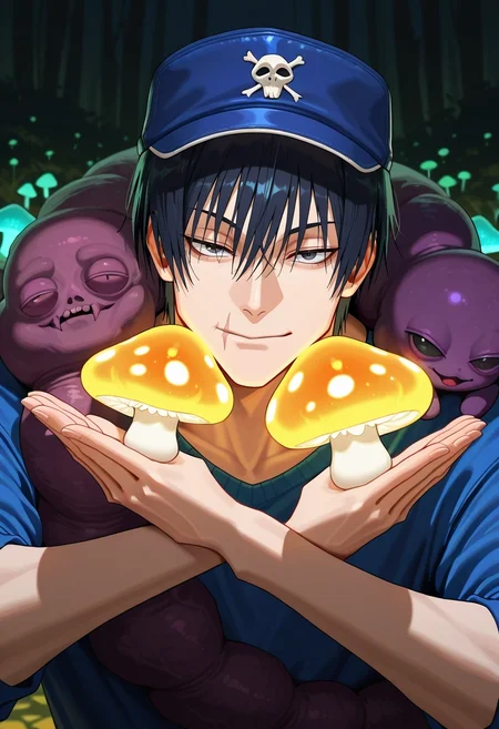 masterpiece, best quality, , , looking at viewer, 1boy, solo, male focus, <lora:touji_fushiguro_ilxl:1>, touji_fushiguro, black hair, black eyes, short hair, hair between eyes, bangs, monster, cursed spirit, scar on mouth, fairy glen, glittering flowers, glowing mushrooms, soft streams, playing pose, mischievous expression, moonlit night, , trucker hat