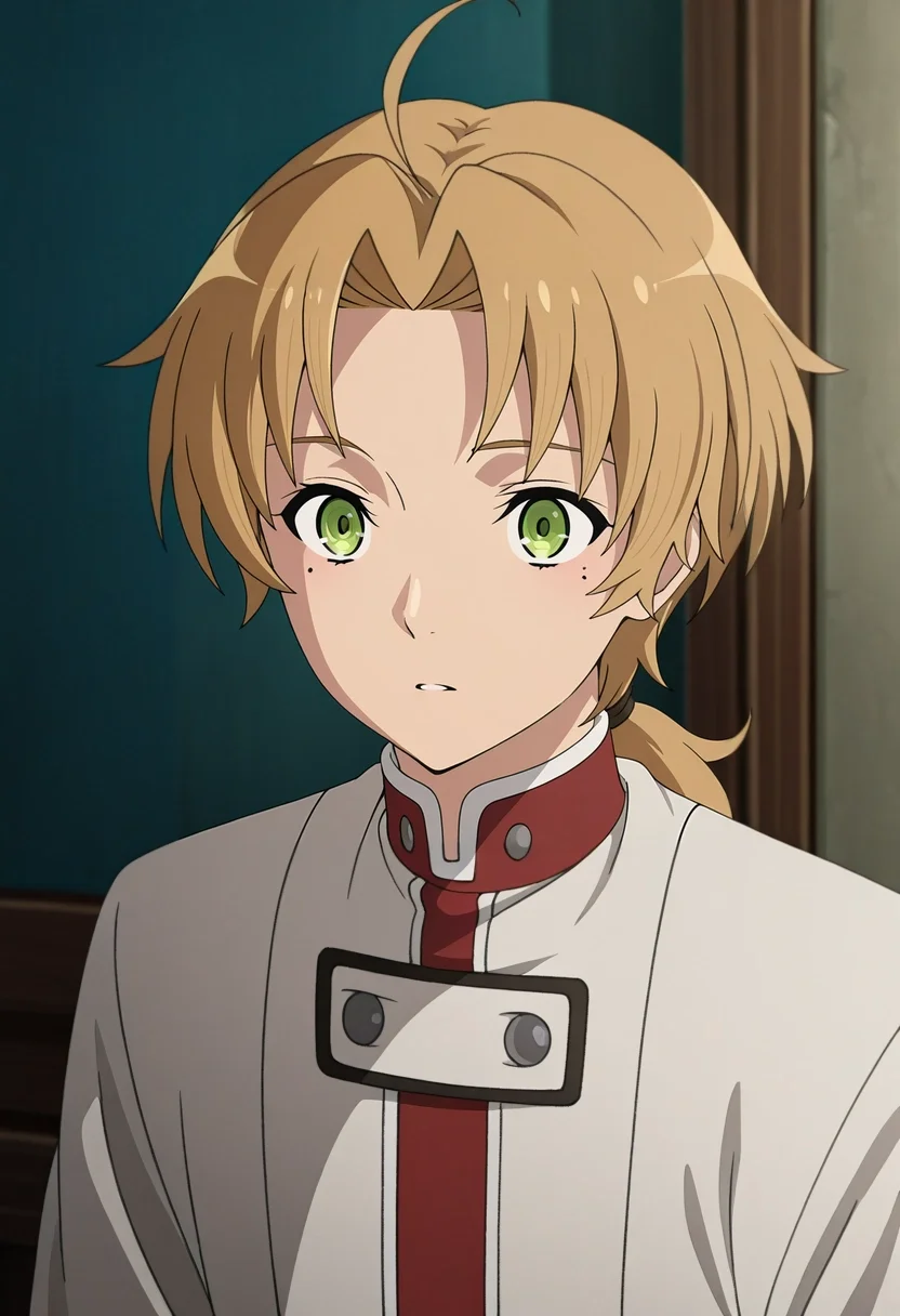 masterpiece, best quality, , anime screencap, anime coloring, official style, , 1boy, solo, male focus, <lora:rudeus_greyrat_ilxl:0.96>, rudeus_greyrat, blonde hair, green eyes, short hair, bangs, parted bangs, ahoge, mole under eye, low ponytail, ,