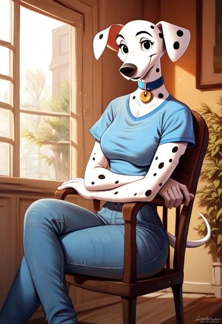 score_9, score_8_up, score_7_up, score_6_up, score_5_up, score_4_up, solo, perdita101, anthro, dalmatian, shirt, jeans, looking at viewer, sitting in chair, living room,