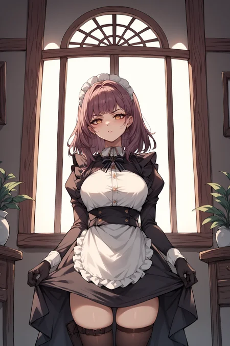 score_9, score_8_up, score_7_up, , rating_general,1girl ,dvmd, maid headdress, maid, black gloves, maid apron, thigh holster, thighhighs, source_anime, indoors,  cowboy shot,  <lora:DevonshirePDANICAMEq2v1.3 AL-000008:1>,  facing viewer,