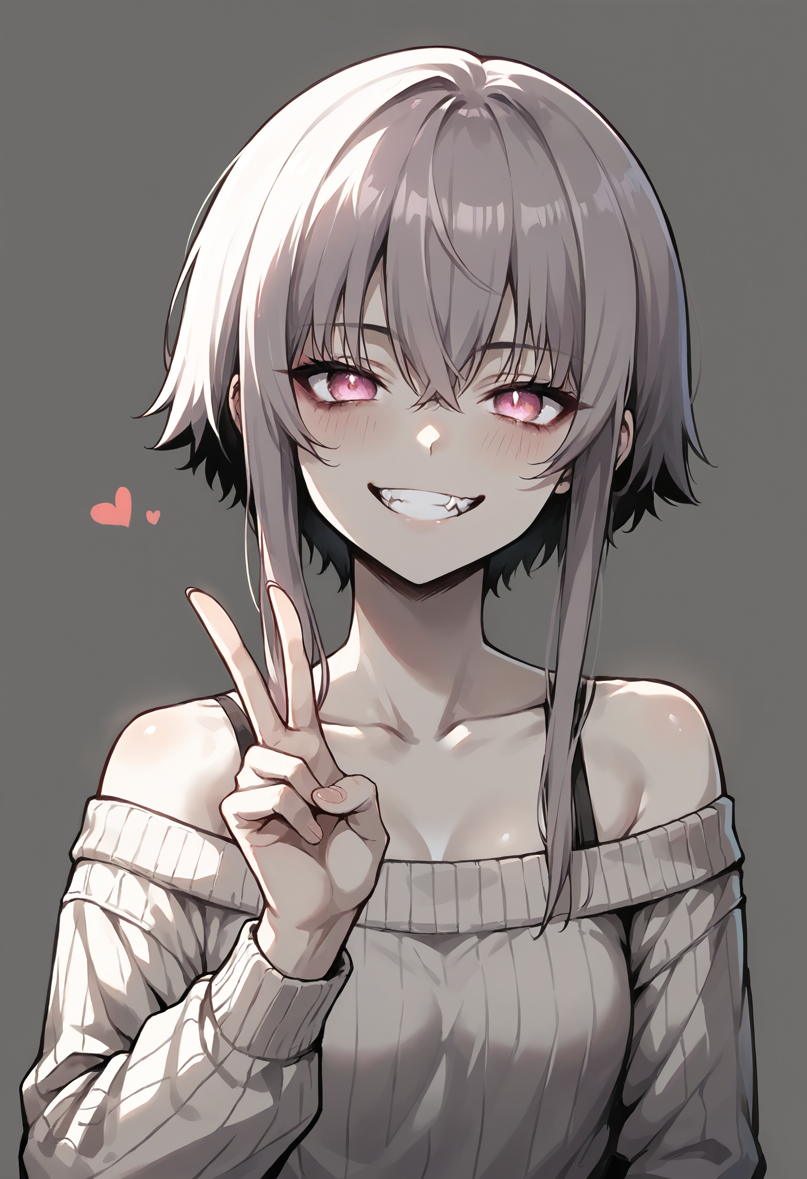 score_9, score_8_up, score_7_up, score_6_up, score_5_up, score_4_up, source_anime, 1girl, grin, peace sign, hand gesture, skin fang, mesugaki, smug, ribbed sweater, short hair with long locks, off shoulder, long sleeves, <lora:Sinozick_Style_XL_Pony:0.4> sinozick style, flat colors, <lora:merrytail_pony_v1-000012:0.6> <lora:Mesugaki_Concept_v1.1:0.8>    <lora:detail_eyes:1> detail1eye,