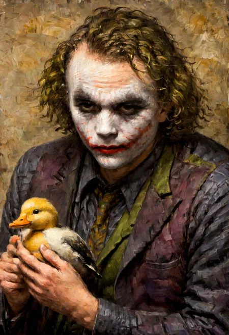 r3mbr4ndt, PEJoker, (old dark sharp fuzzy oil painting medium brush strokes:1.1) portrait of (The Joker:1.5), (holding a duck:1.5), rich textures, realistic facial expression, high detail, moody, vintage, brush strokes, oil paint, old canvas texture, Rembrandt Lighting Style