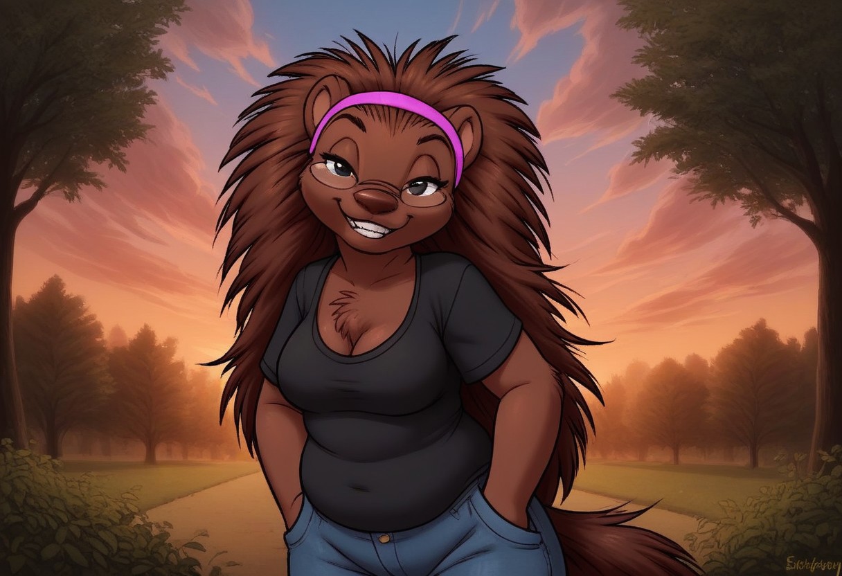 score_7, score_8, score_9, dynamic lighting, detailed background, background is park, benches, trees, walkway, clouds, sunny, glowing, close up, cowboy shot
BREAK 
Solo, 1 female, single female, anthro, furry female, female porcupine, short, brown fur, (spikey hair), (brown hair), long hair, animal nose, black eyes, feet claws, chest fur tuft, black eyes, medium breasts, glasses, tooth gap, slightly chubby
BREAK 
standing, looking at viewer, smiling, cleavage, black t shirt, jeans, purple headband, ((gap in front teeth)), hands in pockets, half closed eyes
