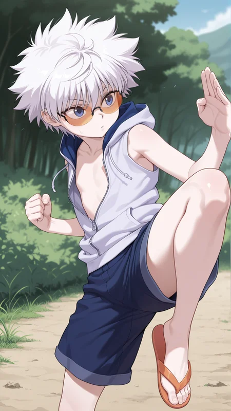 masterpiece, best quality, amazing quality, 1boy, solo, <lora:IlluKillua:1> illukillua, white hair, shorts, hoodie, sleeveless, no shirt, orange tinted eyewear, partially unzipped, outdoors, partially opaque glasses, fighting stance, kicking, flip-flops,