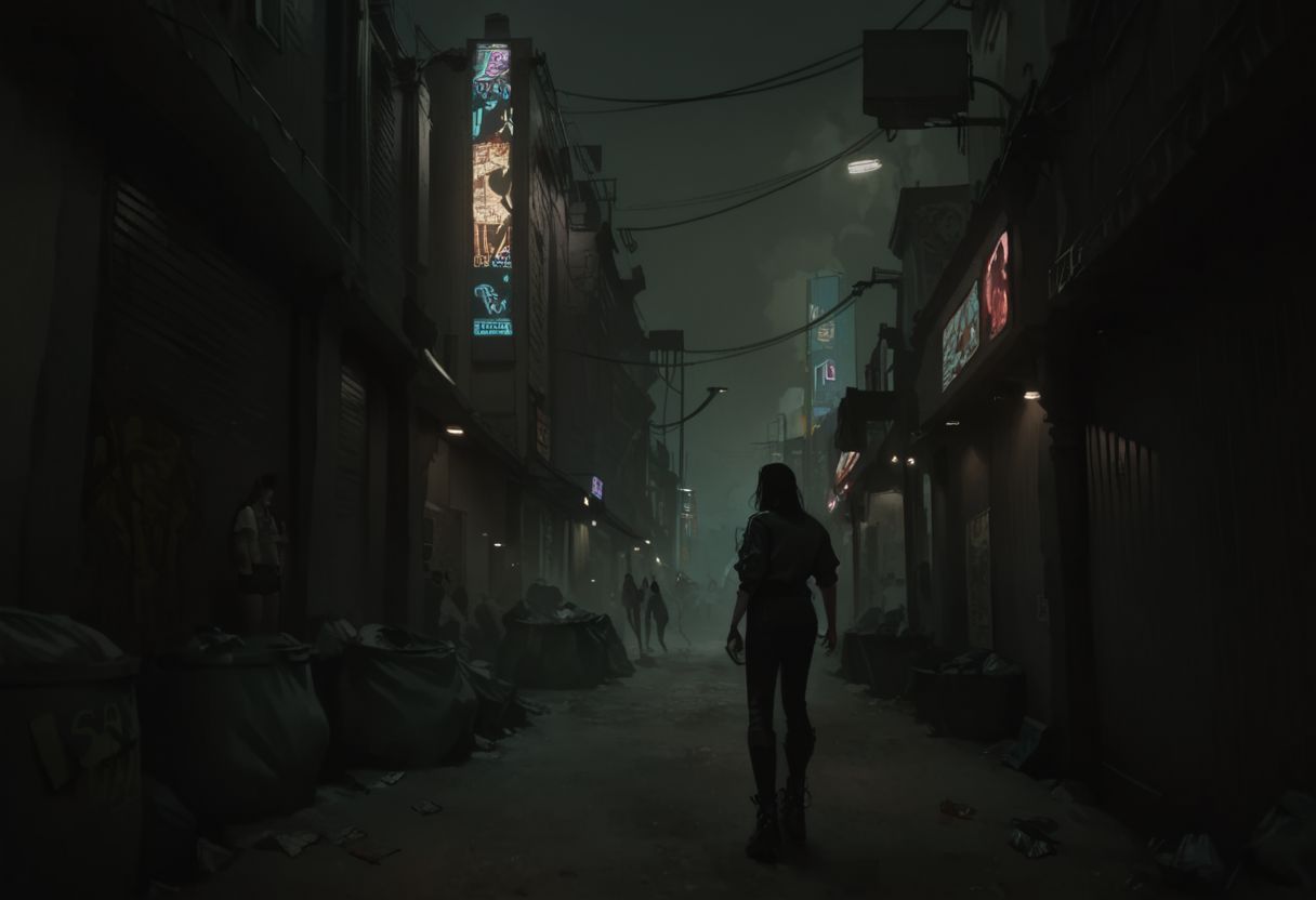 score_9, score_8_up,score_7_up, score_6_up, score_5_up, score_4_up,
no humans, outdoors, cyberpunk alleyway, dirty, trash bags, cardboard, blurry silhouettes of people on the street, dark, street lights, night, light fog,
BREAK, aesthetic, wallpaper, high quality, upper body, bright colors, high contrast, dark background, vivid lighting,