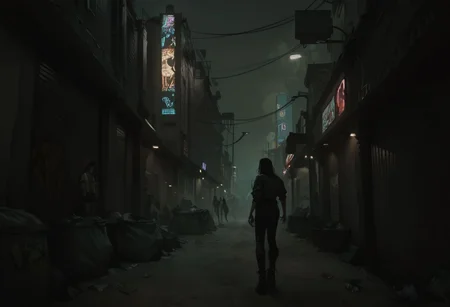 score_9, score_8_up,score_7_up, score_6_up, score_5_up, score_4_up,
no humans, outdoors, cyberpunk alleyway, dirty, trash bags, cardboard, blurry silhouettes of people on the street, dark, street lights, night, light fog,
BREAK, aesthetic, wallpaper, high quality, upper body, bright colors, high contrast, dark background, vivid lighting,