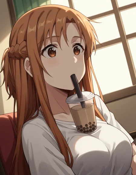 score_9, score_8_up, score_7_up, source_anime, asunayuuki, <lora:asuna-yuuki-s1-ponyxl-lora-nochekaiser:1>, asuna yuuki, long hair, brown hair, brown eyes,, <lora:bubble-tea-challenge-ponyxl-lora-nochekaiser:1>, bubble tea challenge, bubble tea, object on breast, drinking straw, drinking straw in mouth, drinking, cup,, indoors, sitting, looking down,, cowboy shot, dutch angle,
