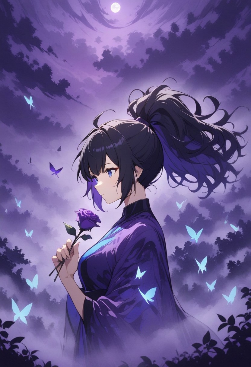 abstractzyrnox, abstract, abstract art, butterfly, blue, purple, white, fog, cinematic, purple sky, cloud, moon, ((1girl, foxgirl, fox girl), holding rose, high ponytail hair, black hair, blue eyes, black hair, messy hair)