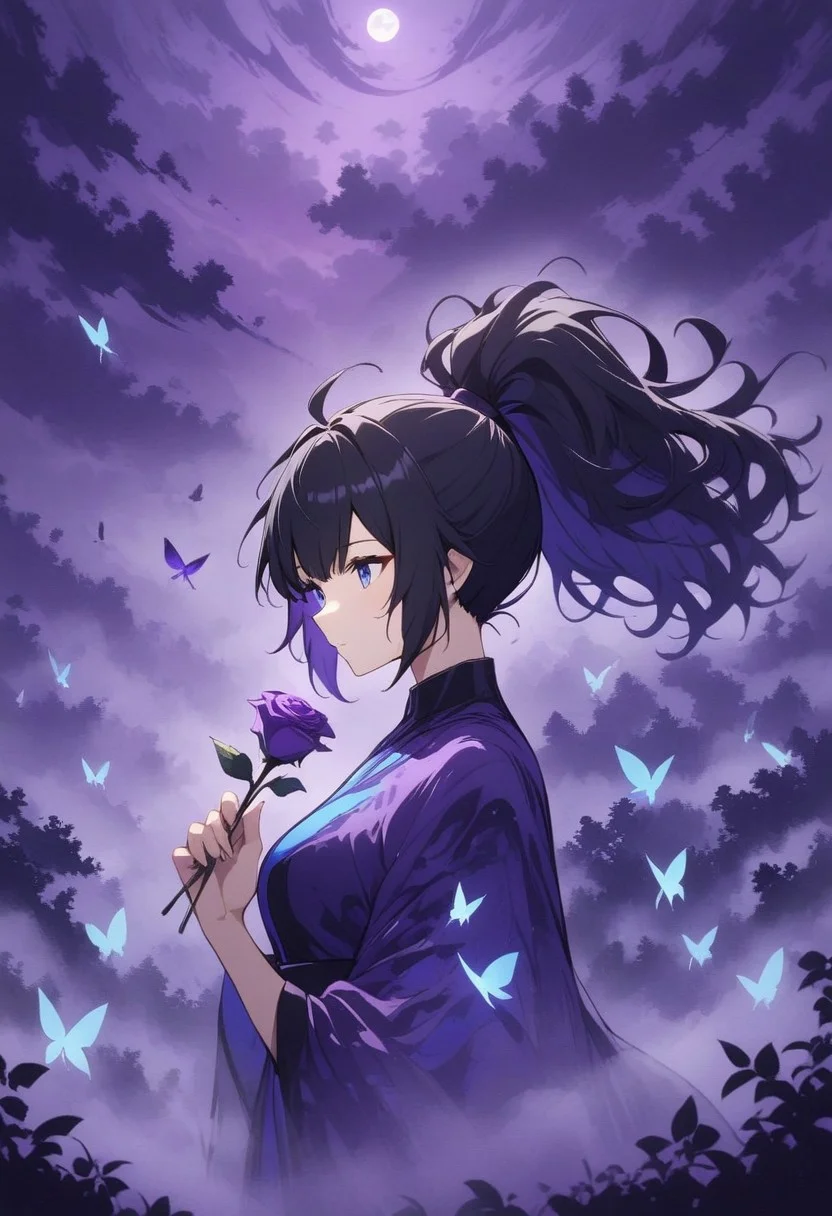 abstractzyrnox, abstract, abstract art, butterfly, blue, purple, white, fog, cinematic, purple sky, cloud, moon, ((1girl, foxgirl, fox girl), holding rose, high ponytail hair, black hair, blue eyes, black hair, messy hair)
