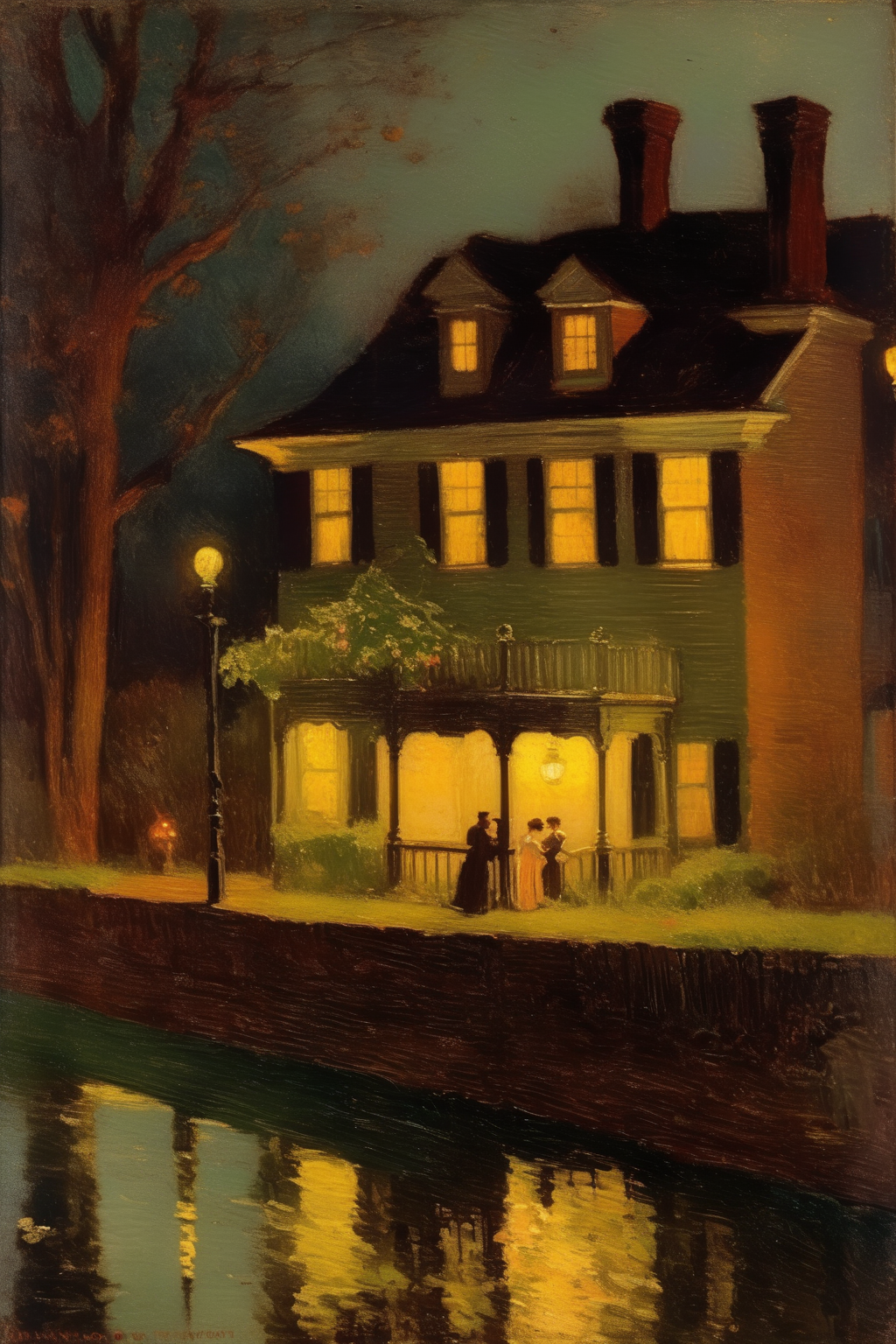 <lora:William Langson Lathrop Style:1>William Langson Lathrop Style - A romantic night in Winchester, Virginia, in the style ofWilliam Langson Lathrop