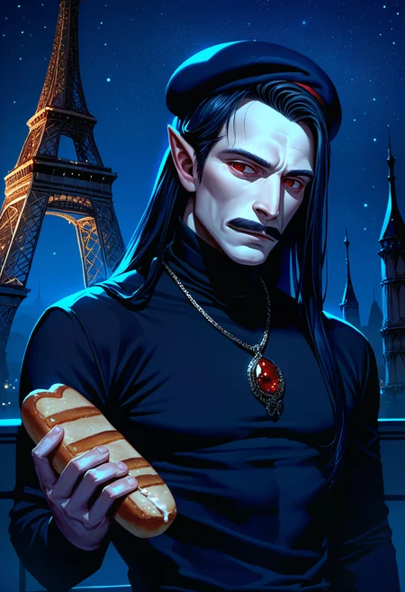 score_9, score_8_up, score_7_up, source_anime, solo, 1boy,  strahd, colored skin, pale skin, pointy ears, long hair, red eyes, big fake mustache, french beret, lit eiffel tower, black long sleeve shirt, pendant, night, starry sky, turtleneck, holding bread   <lora:clamStrahdPDXL_v20:1>