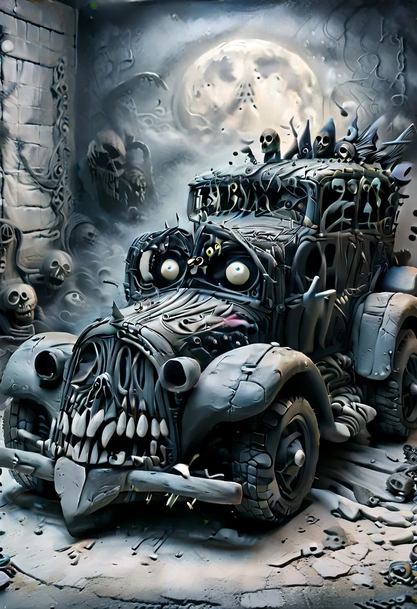 (best quality), (UHQ, high resolution),c1t03nt5,realistic, black car, horror theme ,ais-drkclymtn,